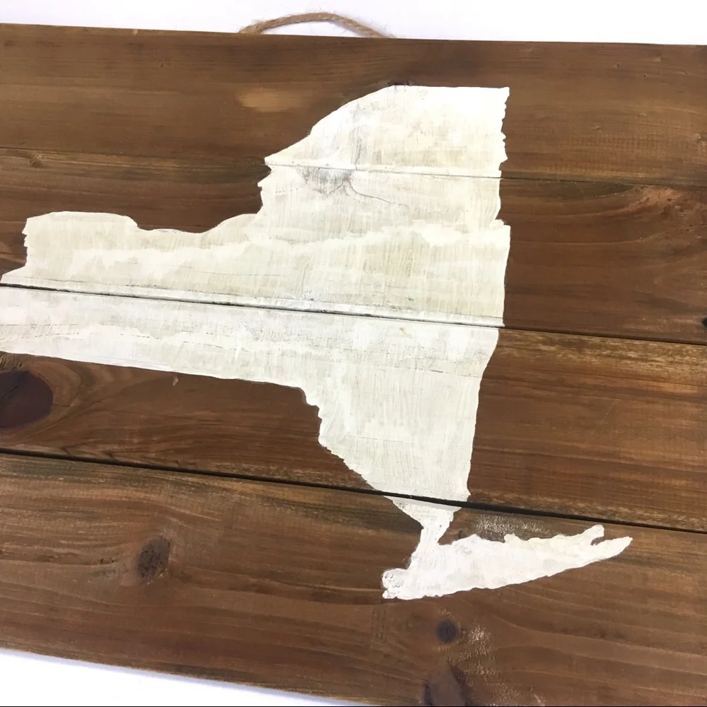 New York State Wooden Wall Hanging Home Sign Decor NY Map Brown Wood White